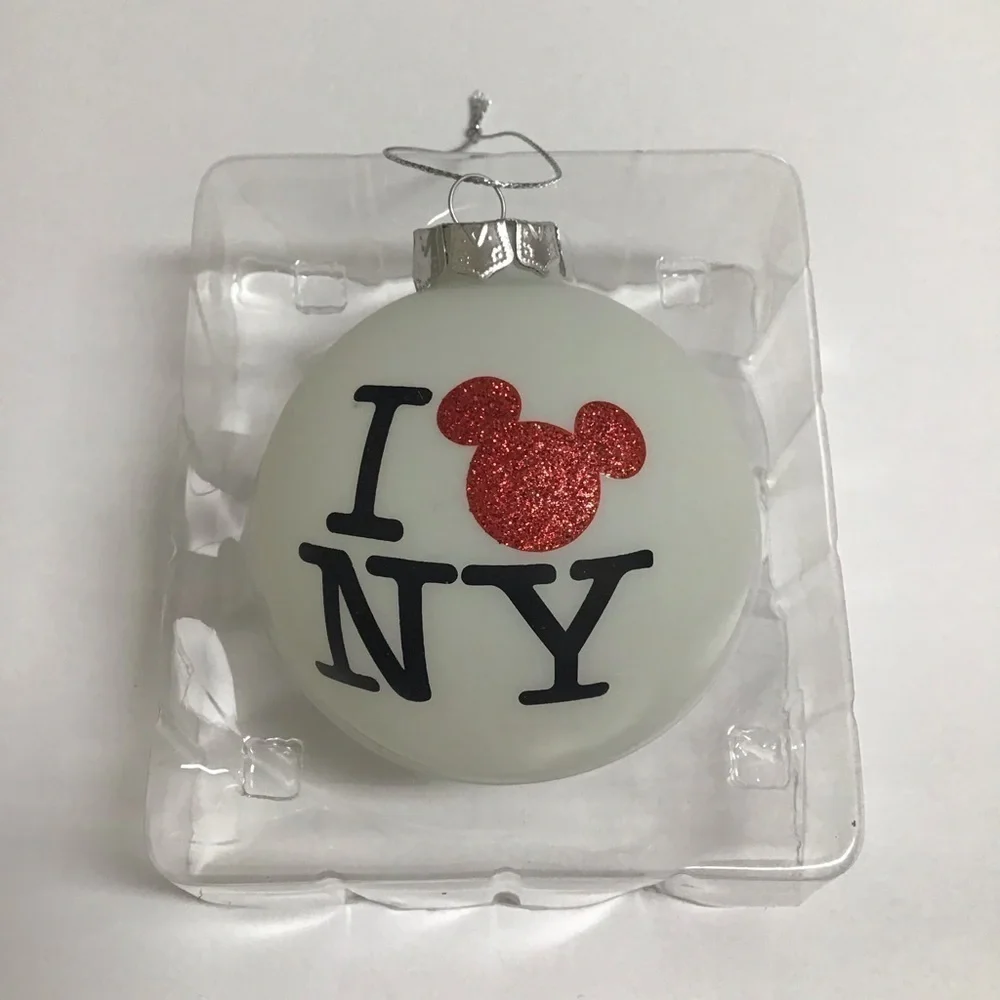 Disney I LOVE NEW YORK Glass Christmas Ornament Red Mickey Ears Authentic NEW
